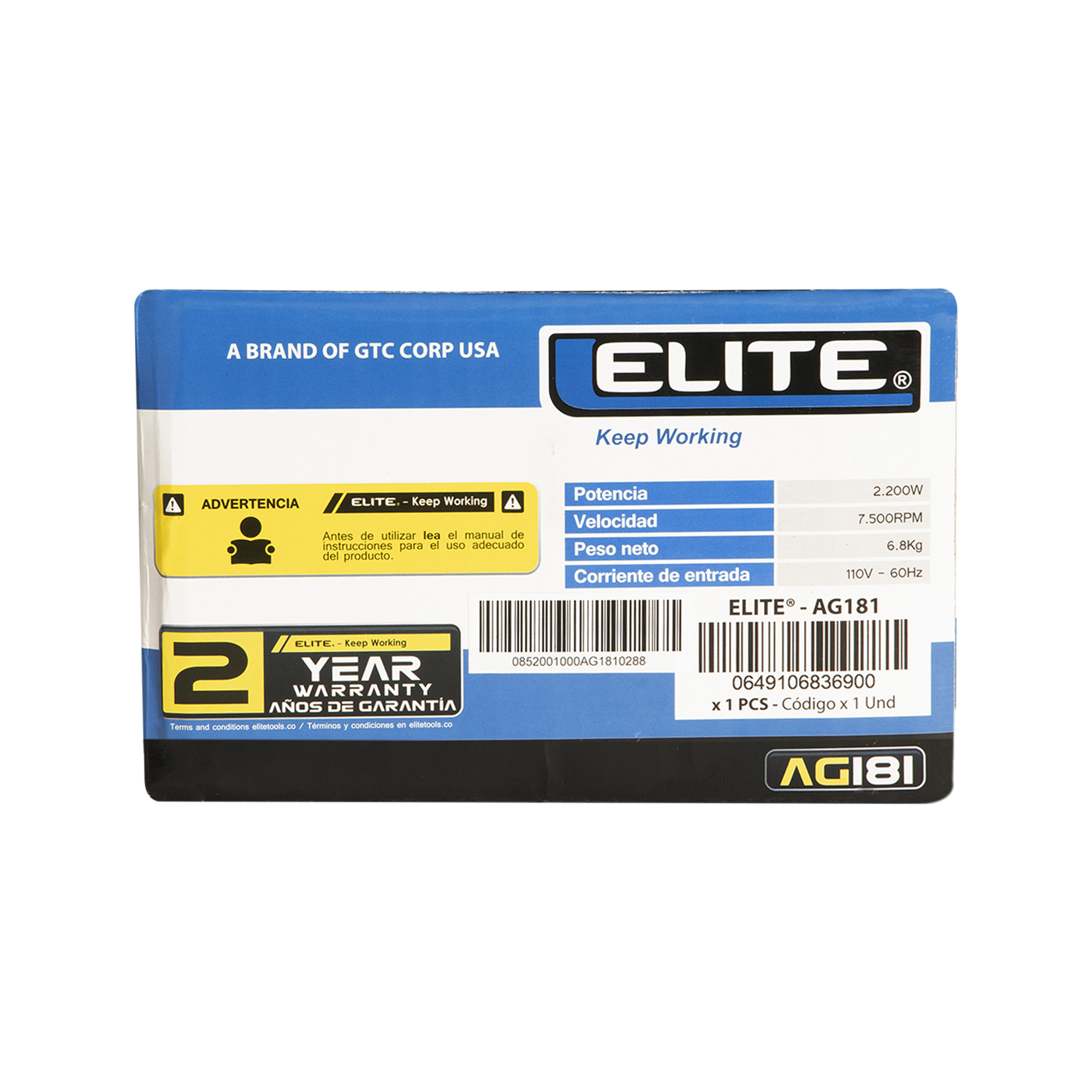 Esmeriladora angular eléctrica 7" 2.200W 7.500RPM ELITE
